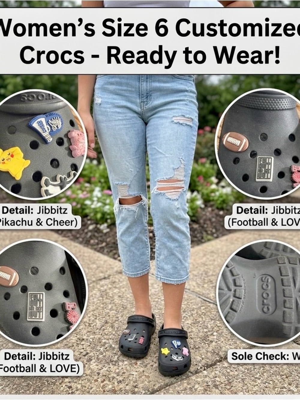 Crocs Women’s Size 6 Black Clogs with Assorted Jibbitz Charms
